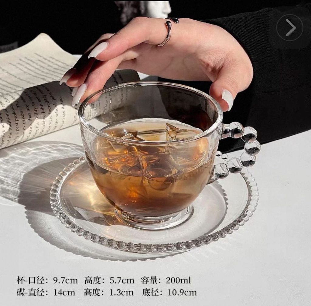 Tasses en verre Élégante avec soucoupe Anse Perle Designe Luxe
