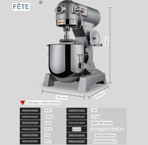 Mélangeur multifonction avec 3 tètes rechanges capacité 10L dimensions 420*470*630mm