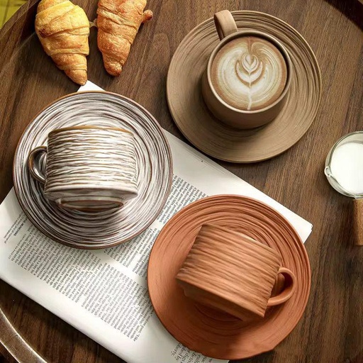 Ensemble tasse à café et soucoupe en grès, tasse à café rétro faite à la main 