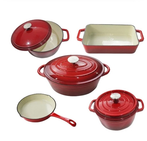 Ensemble 5pcs Batterie de cuisine en fonte émaillée :
Revêtement émail + matériau fonte.
